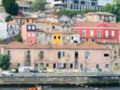 Ribeira district Porto Portugal colourful riverfront buildings